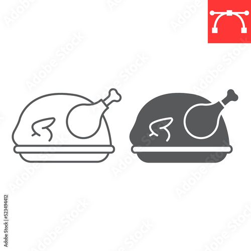 Roast turkey line and glyph icon, thanksgiving and dinner, roasted chicken vector icon, vector graphics, editable stroke outline sign, eps 10.