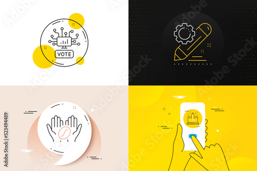 Minimal set of Start business, Coffee and Online voting line icons. Phone screen, Quote banners. Project edit icons. For web development. Launch idea, Roasted bean, Web campaign. Settings. Vector