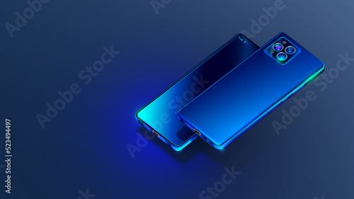 3d mobile smart phone is turned up of camera. Shiny, blue phone hanging on dark grey background. Camera of cellphone look at up. Smartphone in neon light on black. Case mobile smartphone back view.