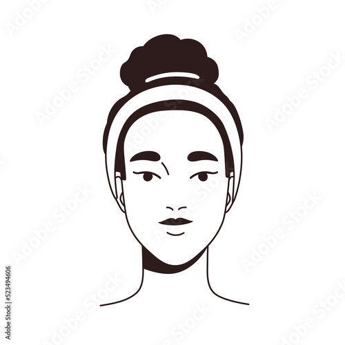 Pretty woman face portrait. Beauty girl with headband on head and hair bun. Young beautiful female with clean smooth skin, front view. Line art flat vector illustration isolated on white background