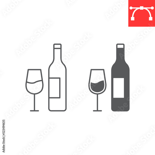 Wine line and glyph icon, restaurant and beverage, wine bottle with wine glass vector icon, vector graphics, editable stroke outline sign, eps 10.