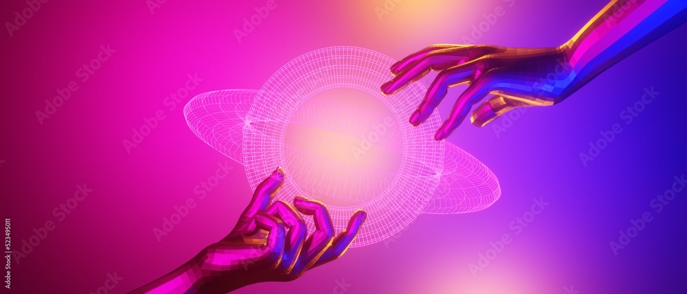 Fototapeta premium robot hand, abstract backgound video game of esports scifi gaming cyberpunk, vr virtual reality simulation and metaverse, scene stand pedestal stage, 3d illustration rendering, futuristic neon glow