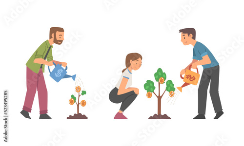 Volunteers planting trees in park or garden in spring. People working together to protect the environment cartoon vector illustration