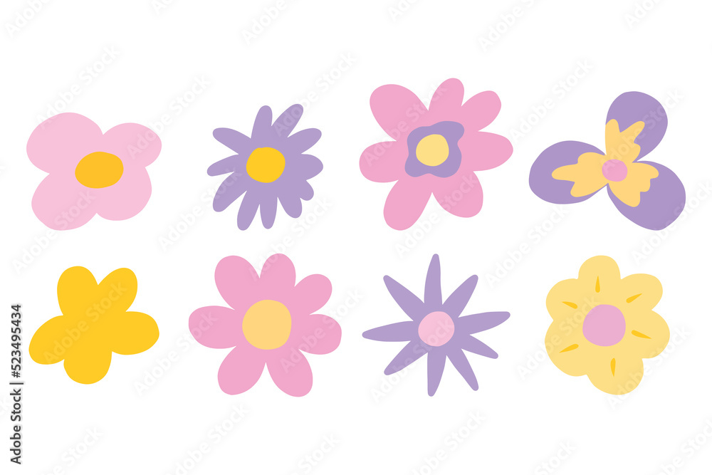 Set of flowers in retro style. Groovy flowers. Collection of flowers in the style of the 60s and 70s. Vector illustration. Set of flowers in retro style. Groovy flowers. Collection of flowers in the style of the 60s and 70s. Vector illustration.