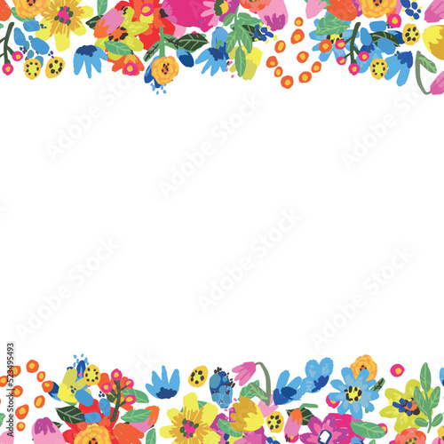 Bright summer flowers arrange in border on white background.