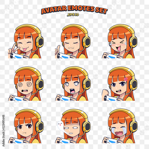 Gamer girl mascot emotion set of cute cartoon girl with headphone smiling, happy, sad, shocked, angry, and crying for gaming