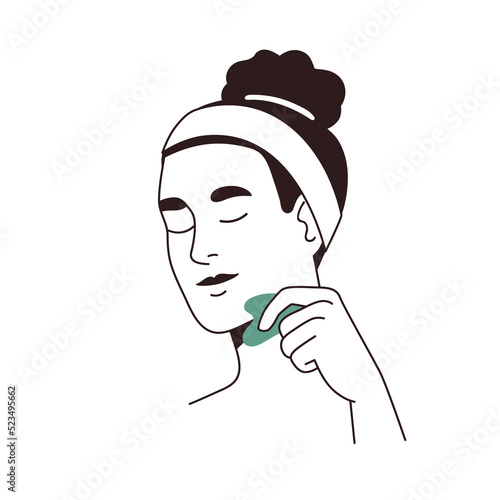 Woman scraping face chin with guasha tool. Young girl using gua sha scraper during self lifting, contour massage with jade stone massager. Flat graphic vector illustration isolated on white background