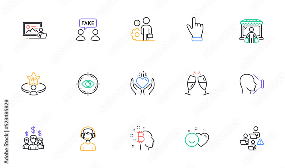 Click hand, Hold heart and Market buyer line icons for website, printing. Collection of Eye target, Photo studio, Fake information icons. Employee, Face id, Salary employees web elements. Vector