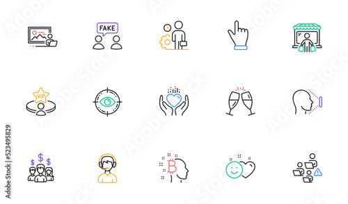 Click hand  Hold heart and Market buyer line icons for website  printing. Collection of Eye target  Photo studio  Fake information icons. Employee  Face id  Salary employees web elements. Vector