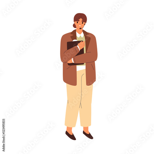 Shy nervous speaker, standing during bad public speaking. Stressed confused woman afraid of speech. Frustrated person with phobia, anxiety. Flat vector illustration isolated on white background