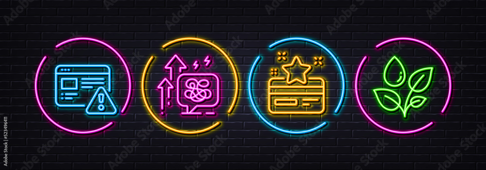 Internet warning, Loyalty card and Stress grows minimal line icons. Neon laser 3d lights. Plants watering icons. For web, application, printing. Web notification, Bonus points, Mental anxiety. Vector