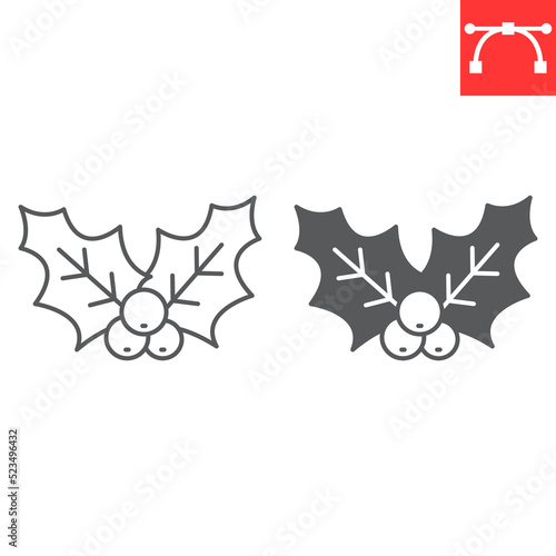 Christmas holly berry line and glyph icon, holiday and decoration, holly berry christmas vector icon, vector graphics, editable stroke outline sign, eps 10.