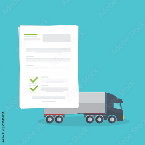 Truck insurance document, report. Transport or custom document. Paper agreement checklist or loan checkmarks form list approved with truck icon, vehicle financial, truck dealership legal deal.