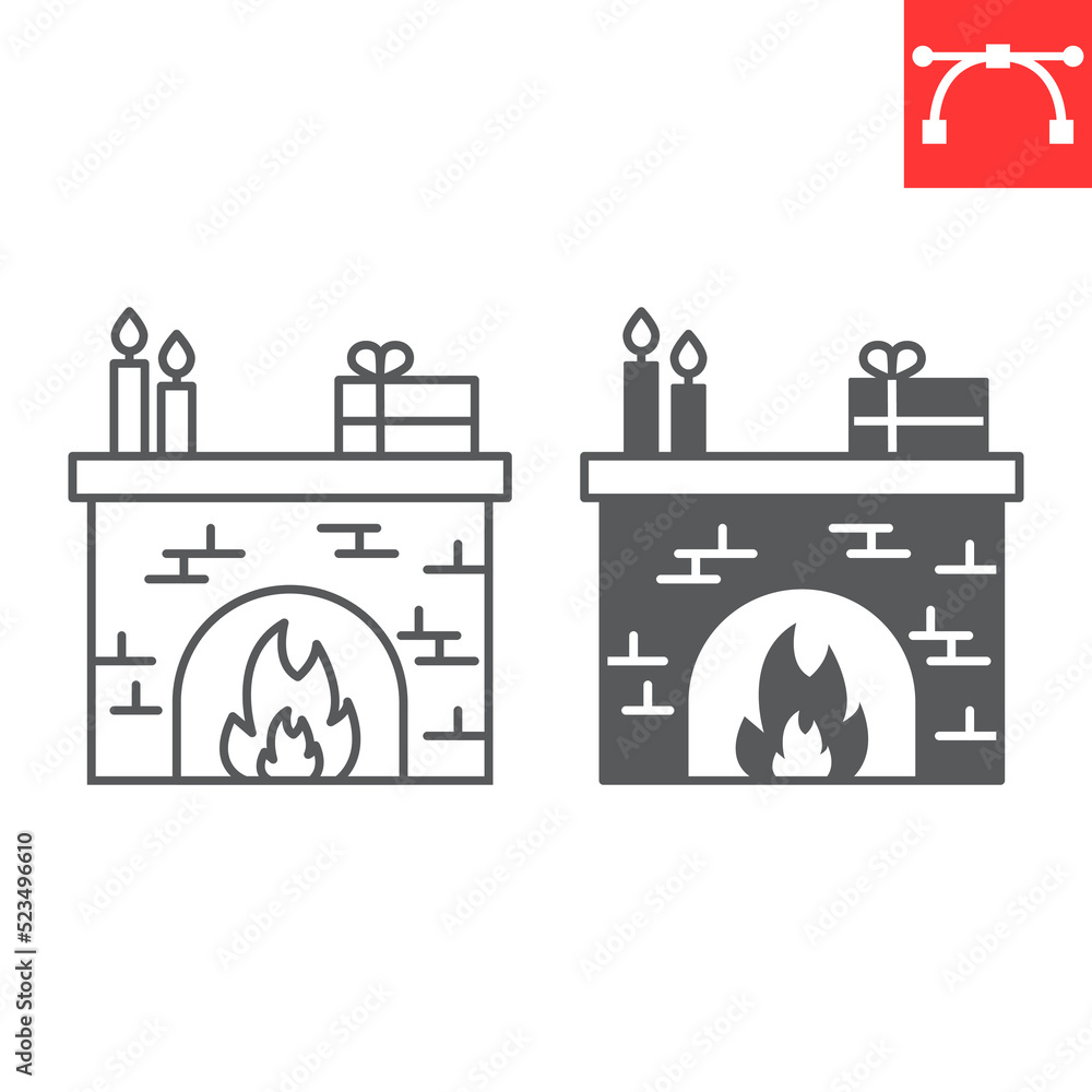 Christmas fireplace line and glyph icon, Christmas and interior, fireplace vector icon, vector graphics, editable stroke outline sign, eps 10.