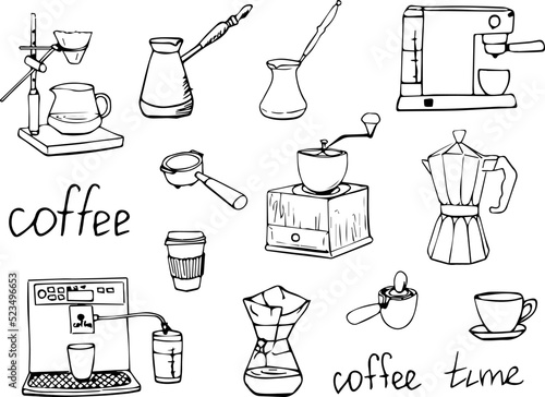 Drawn coffee doodle.Coffee machine. Turk. Geyser coffee maker. Ritual. Morning. Filter. Coffee house. A set of items. Kitchen. Espresso. Icons. Caffein.