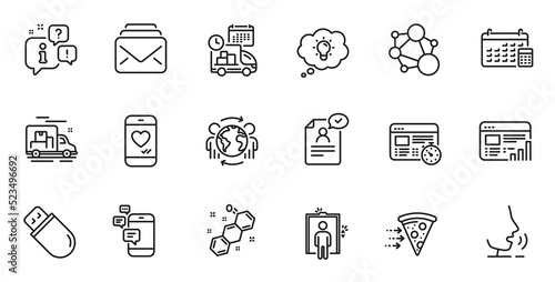 Outline set of Integrity, Communication and Global business line icons for web application. Talk, information, delivery truck outline icon. Include Web report, Delivery, Usb stick icons. Vector