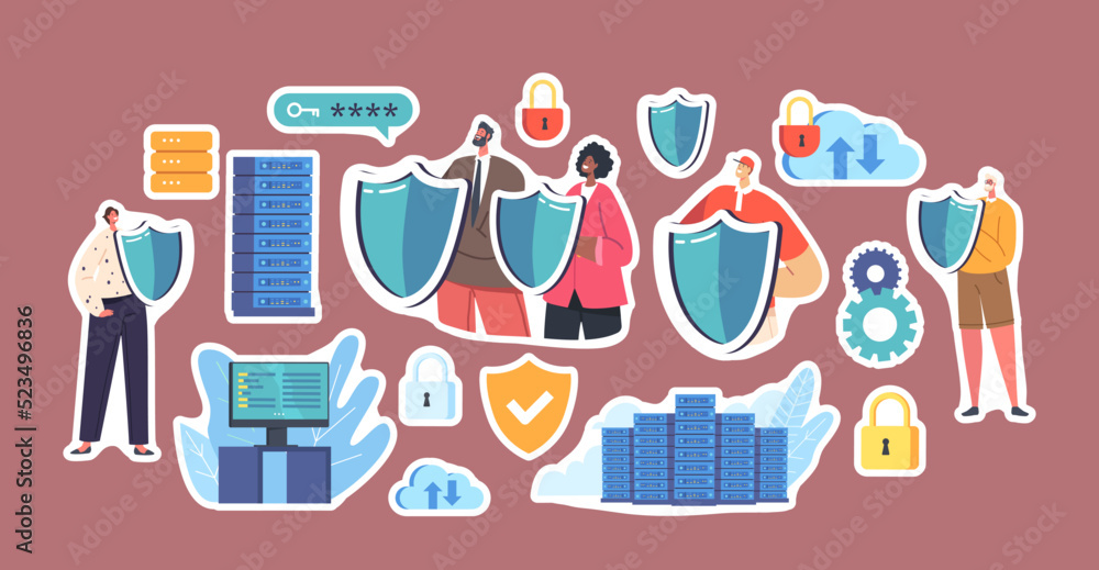 Set Of Stickers People Holding Shields Protect Server Or Hard Disks. Secured Database, App Service For Safe Storage Set Of Stickers People Holding Shields Protect Server Or Hard Disks. Secured Database, App Service For Safe Storage