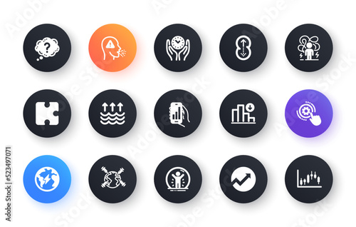 Minimal set of Recovered person, Audit and Cogwheel settings flat icons for web development. Analysis app, Puzzle, Difficult stress icons. Cough, World vaccination, Swipe up web elements. Vector