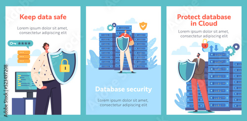 Database Security Cartoon Banners. People Holding Shields Protect Server Or Hard Disks. Secured Service For Safe Storage