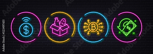 Bitcoin system, Food donation and Contactless payment minimal line icons. Neon laser 3d lights. Cashback icons. For web, application, printing. Vector