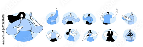 Set of People Celebrate Party. Young Men and Women Wear Holding Wineglass with Champagne, Fun, Dance Isolated Icons