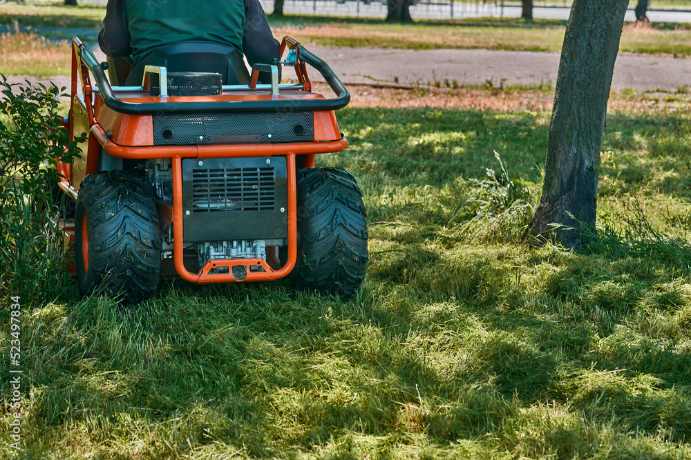 Professional grass cutting on lawns with a mini tractor lawn mower Stock  Photo | Adobe Stock