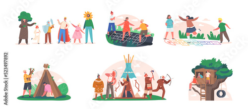 Set Outdoors Children Games and Fun. Kids Characters Playing Hopscotch, Indians, Sitting on Tree House, Fairy Tale