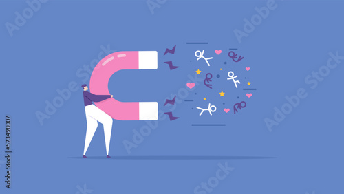digital marketing and promotion. attract the attention of followers, audiences, customers, clients. a businessman or influencer uses a magnet to attract people. flat cartoon illustration. concept 