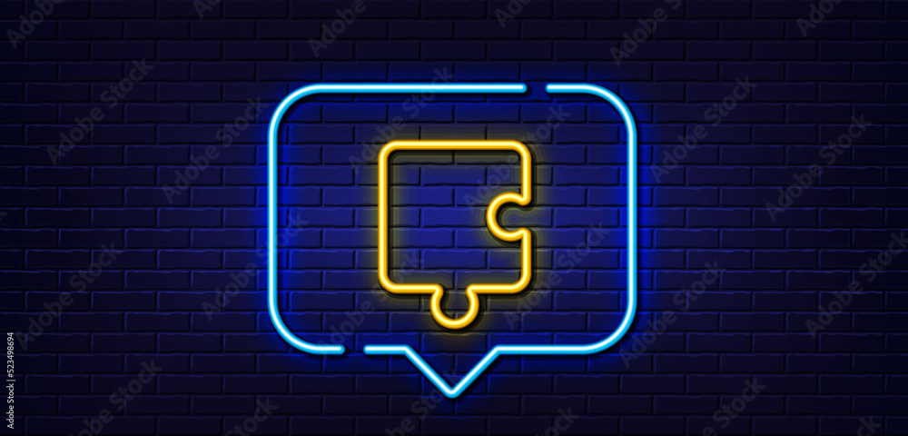 Neon light speech bubble. Puzzle piece line icon. Jigsaw game shape sign. Business strategy element. Neon light background. Puzzle glow line. Brick wall banner. Vector Neon light speech bubble. Puzzle piece line icon. Jigsaw game shape sign. Business strategy element. Neon light background. Puzzle glow line. Brick wall banner. Vector