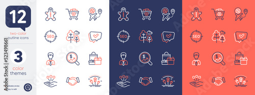 Set of Flight sale, Seo and Gingerbread man line icons. Include Shopping, Currency audit, Approved icons. Consolidation, Fireworks rocket, Tree web elements. Remove purchase, Businessman. Vector
