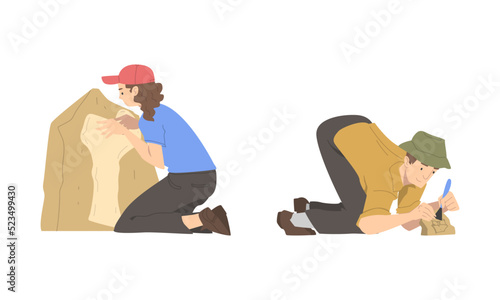 Archaeologists in working process. Paleontologist cleaning historical artifacts with brush cartoon vector illustration