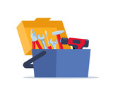 Opened toolbox with instruments inside. Workman's toolkit. Tool chest with hand tools. Workbox in flat style. Vector illustration.