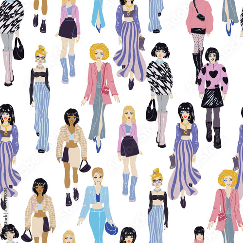 Seamless pattern. Women in trendy clothes. Fashion illustration.