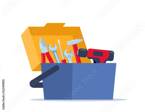 Opened toolbox with instruments inside. Workman's toolkit. Tool chest with hand tools. Workbox in flat style. Vector illustration.