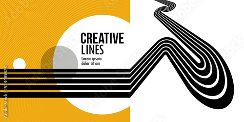 Future lines in 3D perspective vector abstract background, black and yellow linear composition, optical illusion op art.