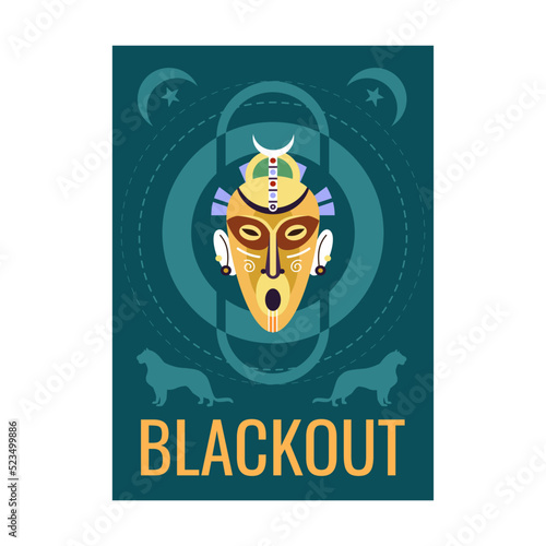 Night party flyer design with tribal mask. Traditional decoration vector illustration with text samples. Template for announcement posters or invitation cards