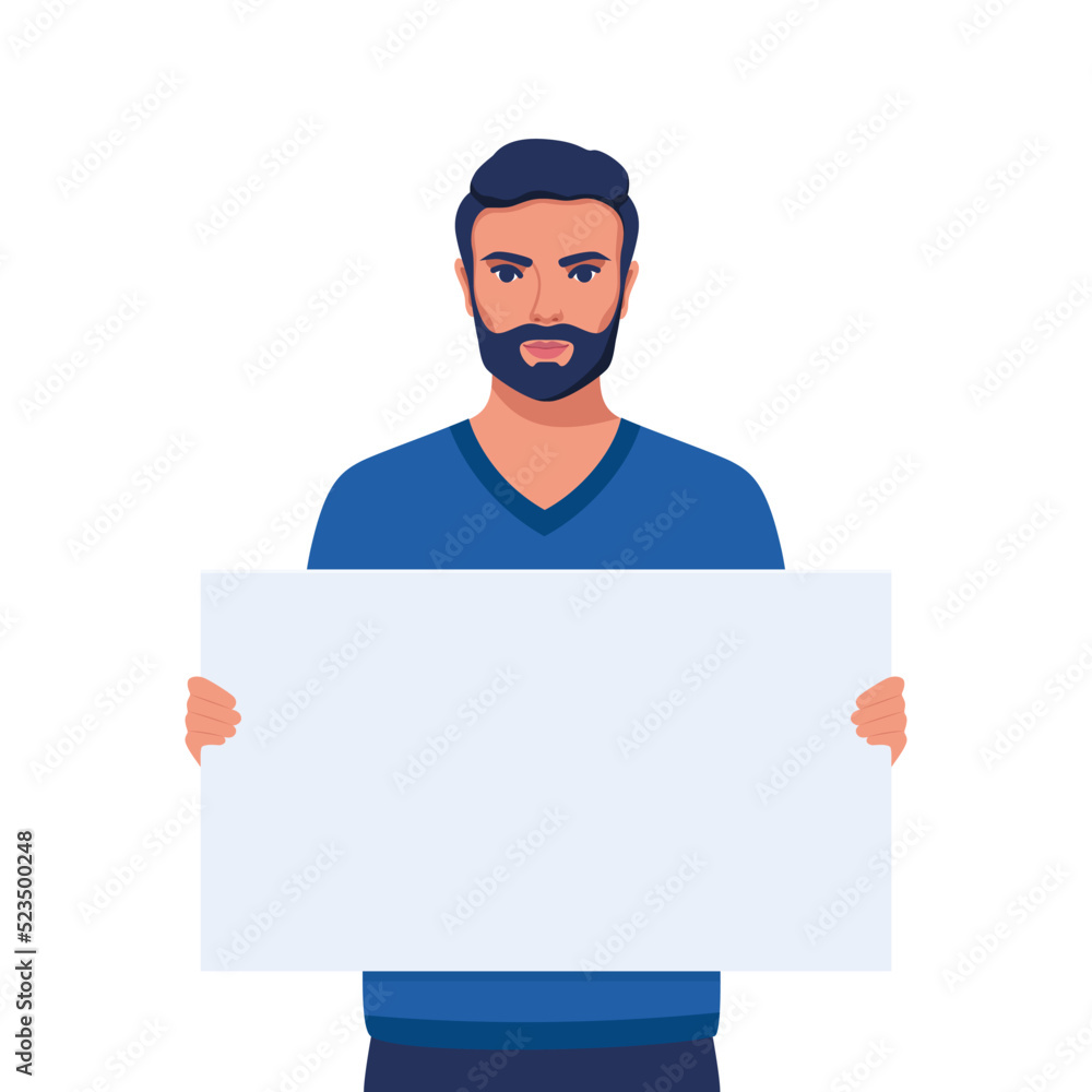 Man holding blank protesting placard. Person with empty banner. Banner, manifesting activists demonstrating sign. Street demonstration concept. Political revolution, demonstrate. Vector illustration. Man holding blank protesting placard. Person with empty banner. Banner, manifesting activists demonstrating sign. Street demonstration concept. Political revolution, demonstrate. Vector illustration.