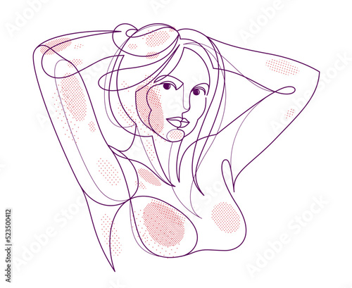 Beautiful face of attractive woman vector linear drawing, sensitive emotional line art adult girl portrait, feminine abstract face line art.