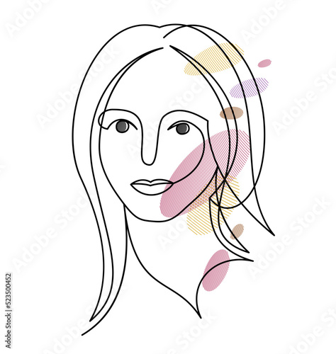 Beautiful face of attractive woman vector linear drawing, sensitive emotional line art adult girl portrait, feminine abstract face line art.