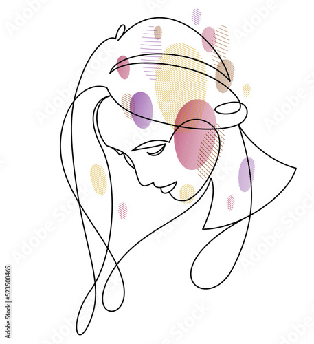 Beautiful face of attractive woman vector linear drawing, sensitive emotional line art adult girl portrait, feminine abstract face line art.