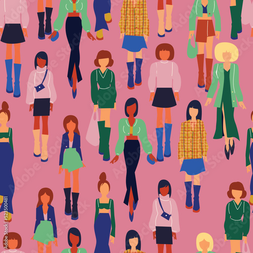 Seamless pattern. Women in trendy clothes. Fashion flat style illustration.