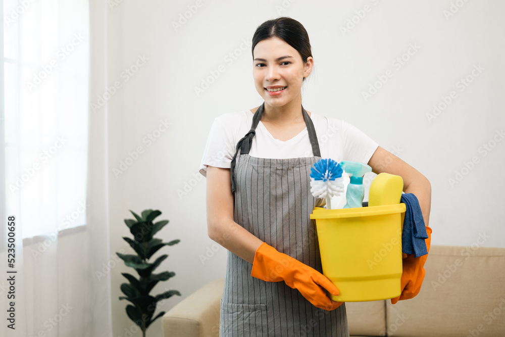 Young housekeeper woman holding bucket of cleaning products ready for cleaning home background. Young housekeeper woman holding bucket of cleaning products ready for cleaning home background.