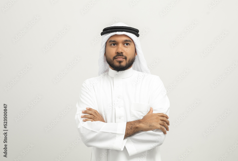 Portrait of arabic man with kandura dress on isolated white background. Arab business people thinking. Portrait of arabic man with kandura dress on isolated white background. Arab business people thinking.