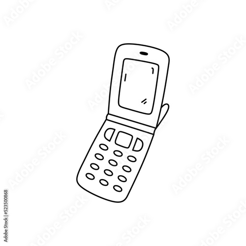 Retro flip phone isolated on white background. Vector hand-drawn illustration in doodle style. Old fashioned mobile phone. Perfect for decorations, logo, various designs.