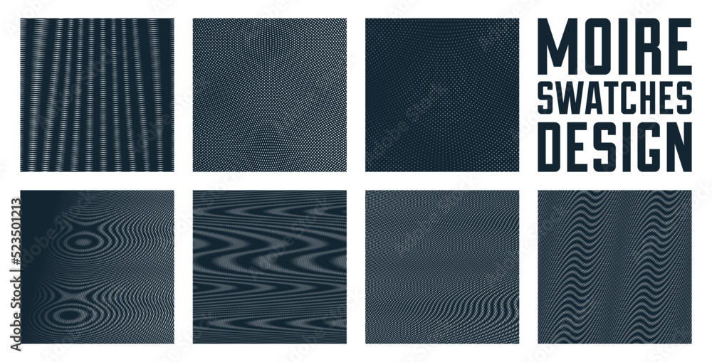 Moire vector abstract backgrounds set, linear contrast virtual digital effect images, hypnotic texture, optical art trendy modern style, black and white distorted grid. Moire vector abstract backgrounds set, linear contrast virtual digital effect images, hypnotic texture, optical art trendy modern style, black and white distorted grid.