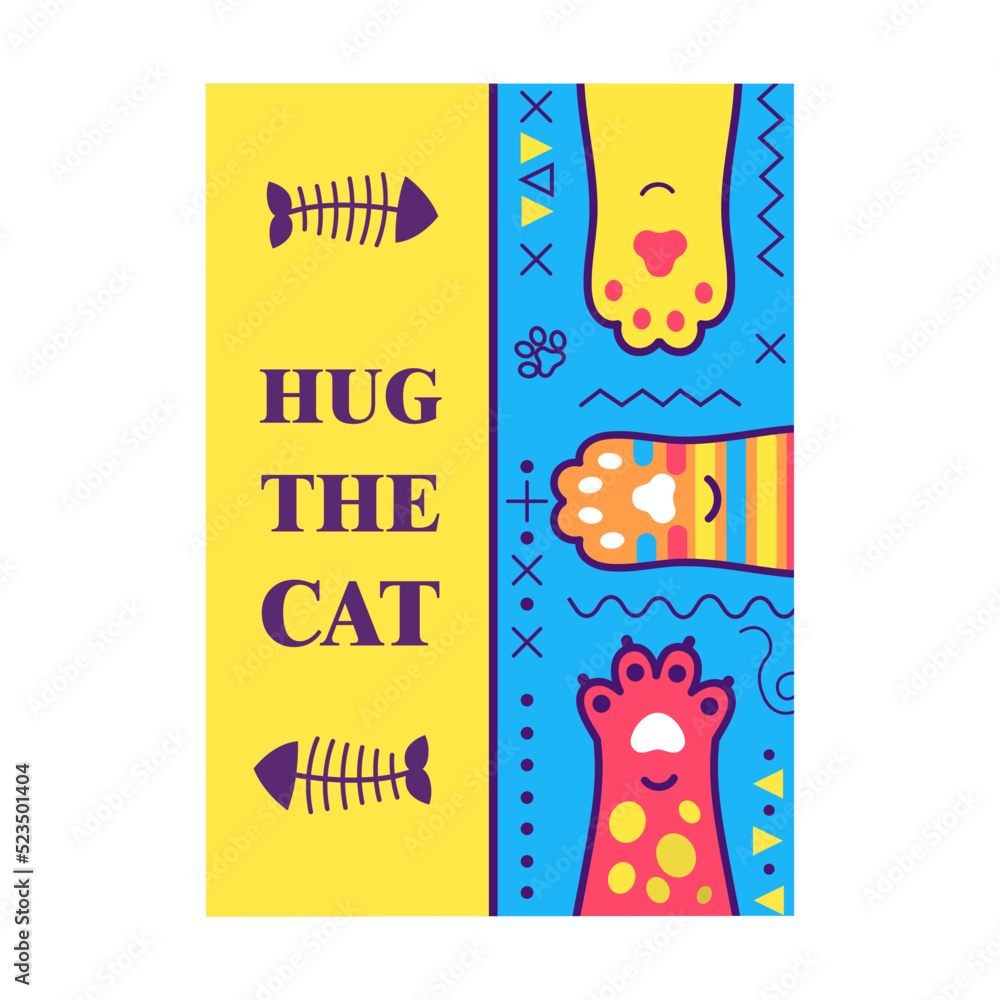 Stylish design with cat paws. Vivid bright greeting cards with text. Domestic animals and pets concept. Template for promotional leaflet or flyer