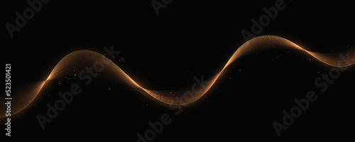 Gold glitter abstract waves on a black background. Glittering old dust trail. Abstract motion. Magic lines. Shiny color gold wave design element. © FlammaChe