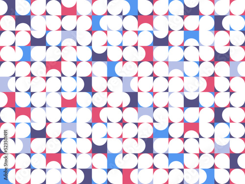 Geometric abstract seamless pattern with colorful simple elements of geometry, wallpaper background in retro 70s style, Bauhaus constructive style tiles.