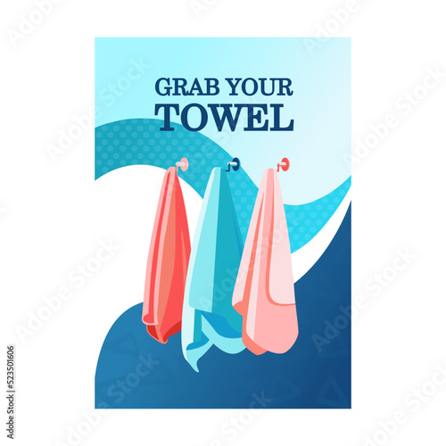 Design with bath towels. Vivid flowing background and rolled or hanged towels. Spa and relaxation concept. Template for promotional leaflet or flyer