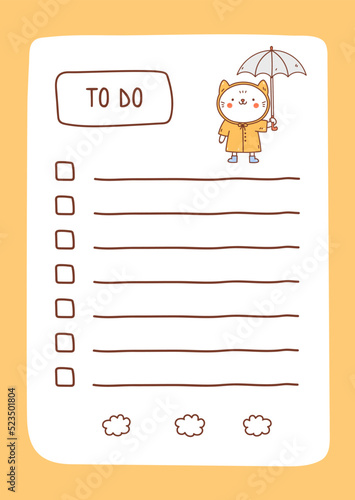 To do list template decorated by kawaii cat. Cute design of schedule, daily planner or checklist. Vector hand-drawn illustration. Perfect for planning, notes and self-organization.